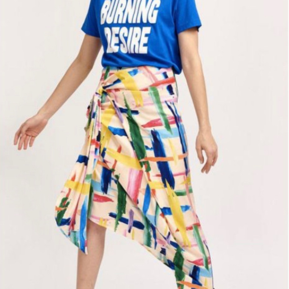ESSENTIEL ANTWERP SKIRT YELLOW BLUE PINK ASYMMETRIC MIDI WOMENS 34